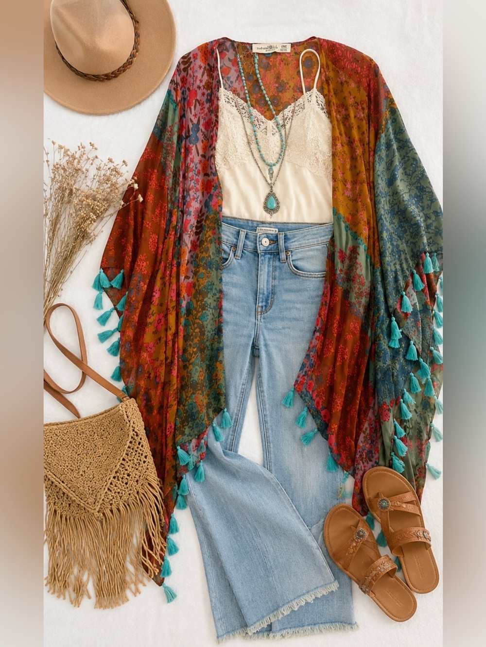 Natural Life Floral Patchwork Tassel Kimono Duster Boho One Size
